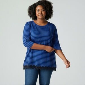 Talbots Three-Quarter Blue and Black Striped Tunic With Crotch Lace Trim Size 1X